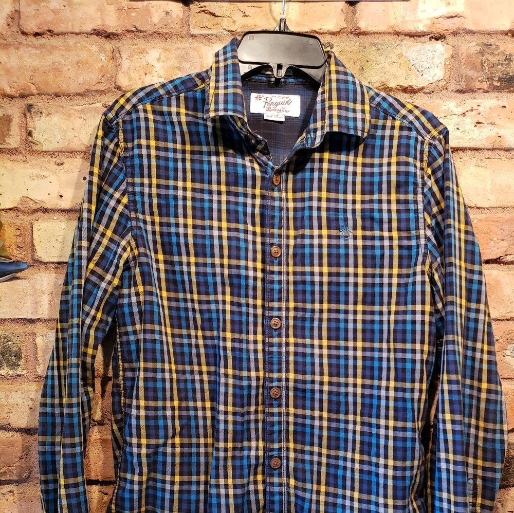 Penguin Plaid Blue & Yellow Collared Dress Shirt